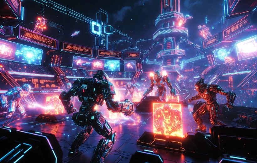 Futuristic neon-lit arena with armored robots battling amid holographic screens and glowing cubes