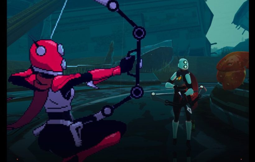 Risk of Rain 2 game artwork showing two characters with a bow in futuristic ruins