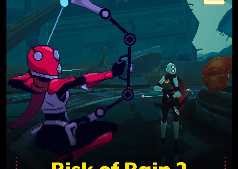 Risk of Rain 2 game artwork showing two characters with a bow in futuristic ruins