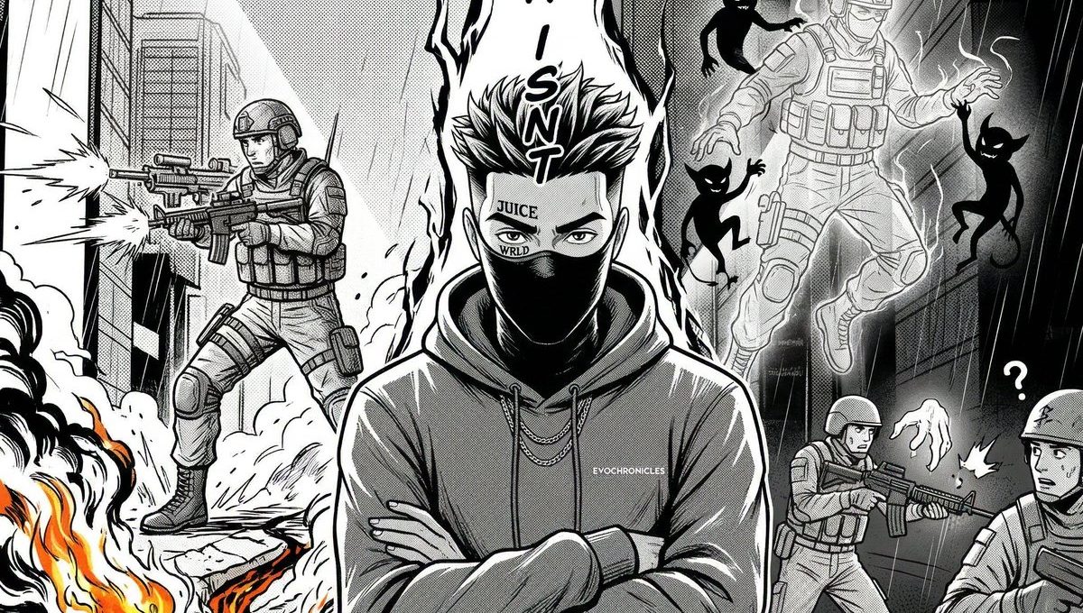 Masked hoodie figure stands with arms crossed amid soldiers, fire, and shadow demons.