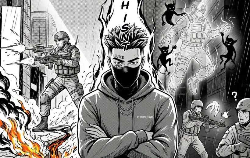 Masked hoodie figure stands with arms crossed amid soldiers, fire, and shadow demons.
