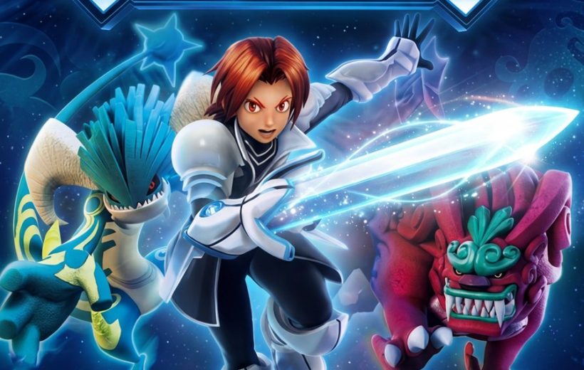 Young armored hero brandishing glowing sword with two fantastical creature allies in space
