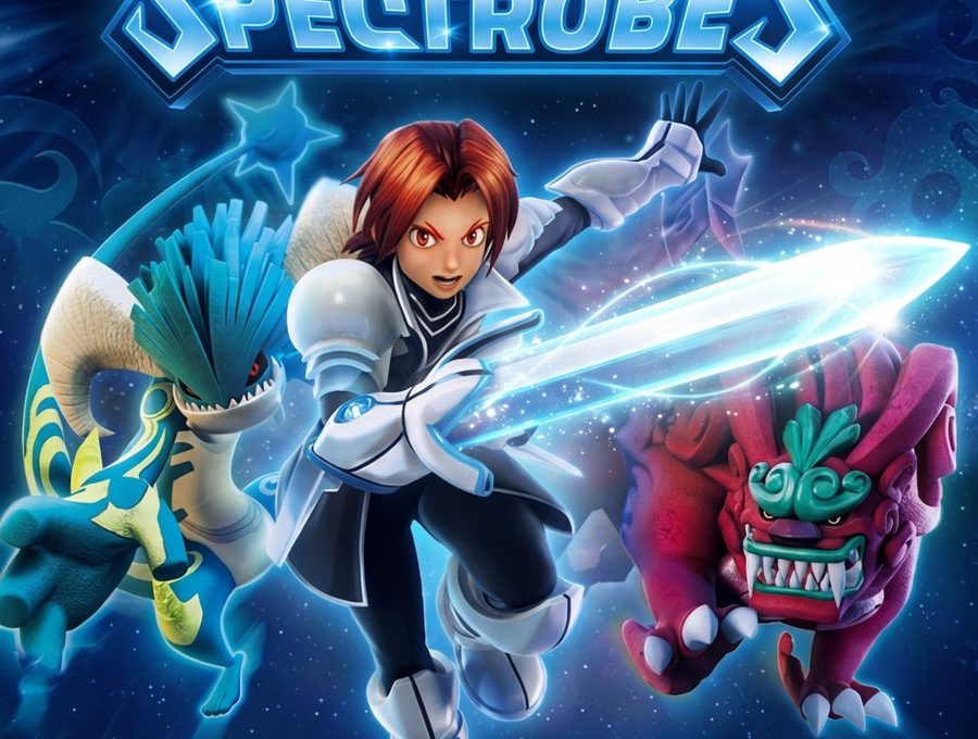 Young armored hero brandishing glowing sword with two fantastical creature allies in space