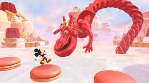 Mickey Mouse confronting a large red dragon in a pastel, candy-like landscape