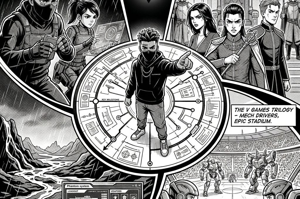 Masked protagonist pointing at a circular mission map surrounded by heist, throne, and arena scenes