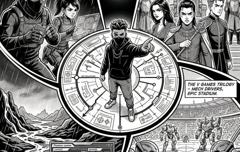Masked protagonist pointing at a circular mission map surrounded by heist, throne, and arena scenes