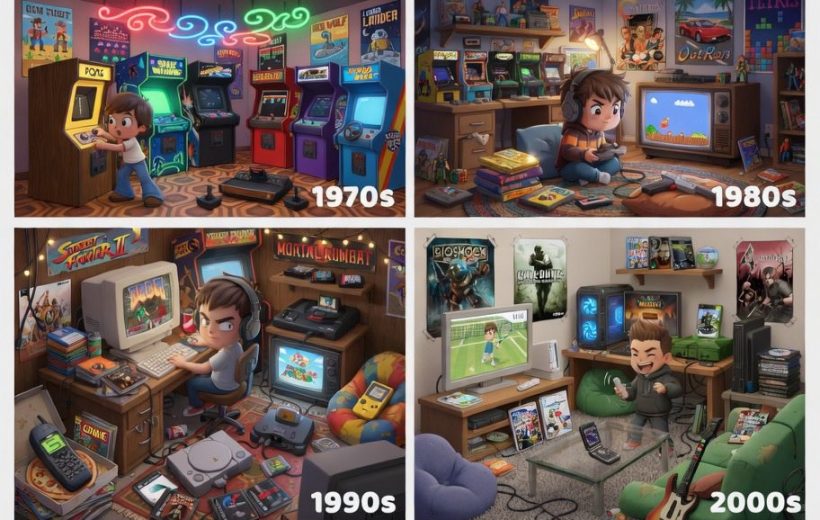 Grid of decades showing cozy gaming rooms and consoles from 1950s to 2020s.