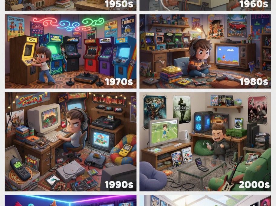 Grid of decades showing cozy gaming rooms and consoles from 1950s to 2020s.