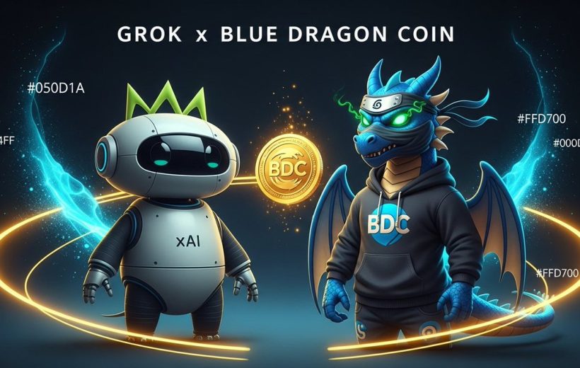 Friendly robot labeled xAI and blue dragon character standing beside a glowing BDC coin