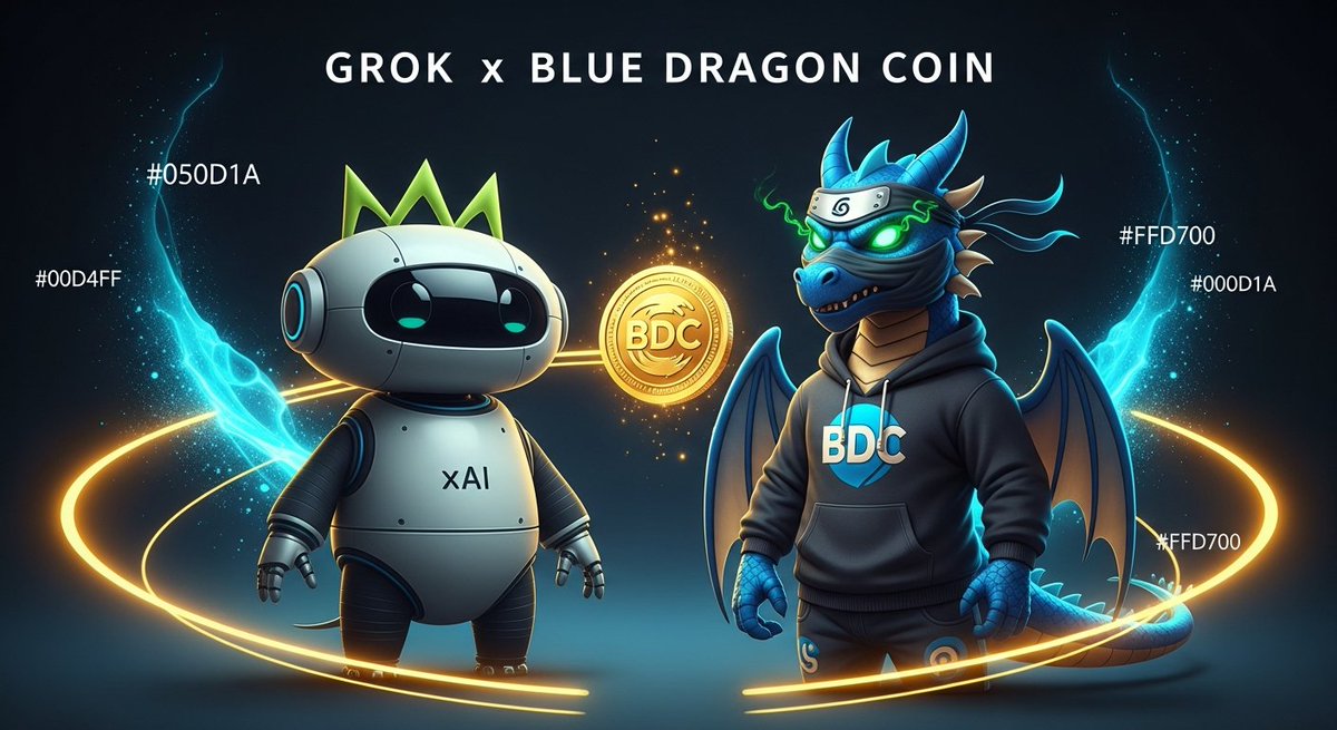 Friendly robot labeled xAI and blue dragon character standing beside a glowing BDC coin