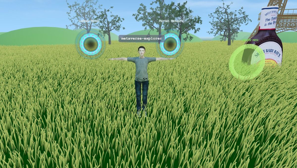 Avatar labeled "metaverse-explorer" standing in tall grass with glowing portal rings nearby