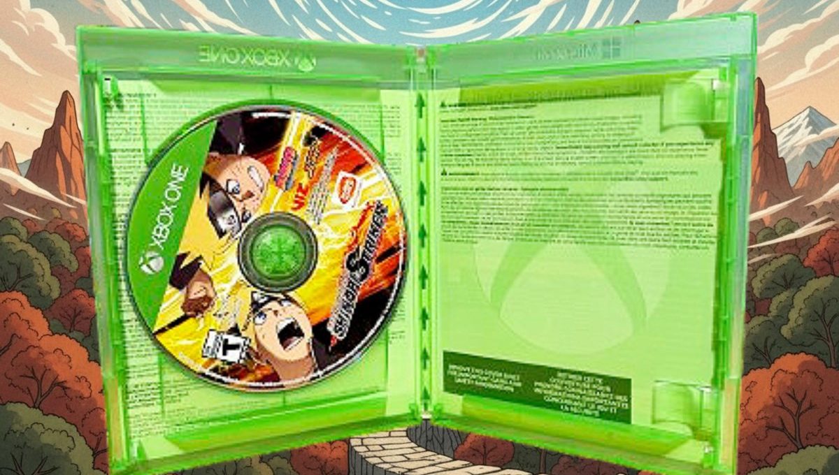 Open green Xbox One game case with anime-style game disc against fantasy background