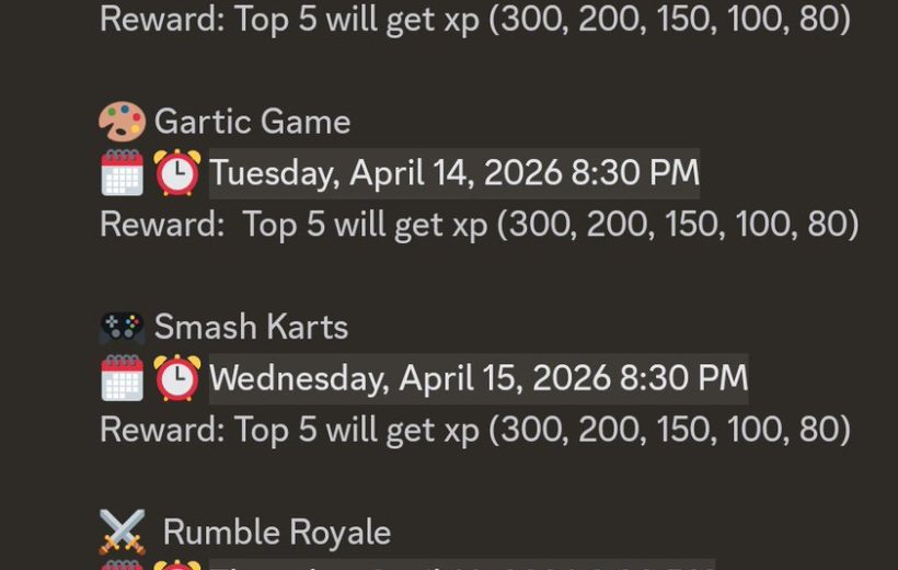 Weekly events schedule listing daily game nights with dates, times, and rewards.