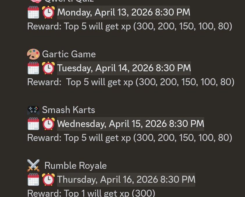 Weekly events schedule listing daily game nights with dates, times, and rewards.