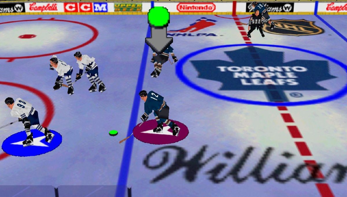 Retro video game hockey scene with players skating over Toronto Maple Leafs logo.
