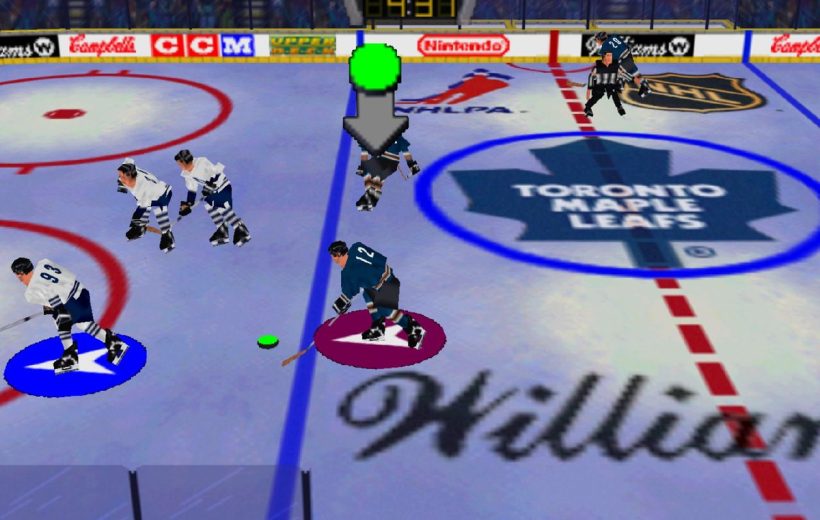 Retro video game hockey scene with players skating over Toronto Maple Leafs logo.
