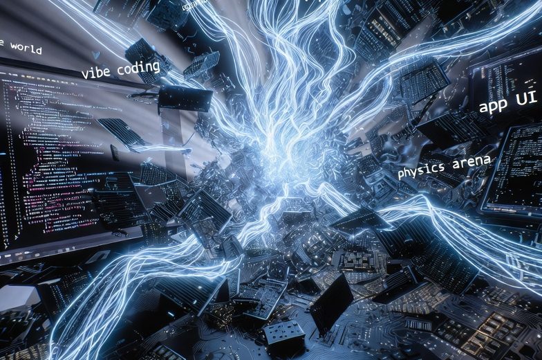 Glowing data streams erupting from a keyboard into floating circuit boards and code screens