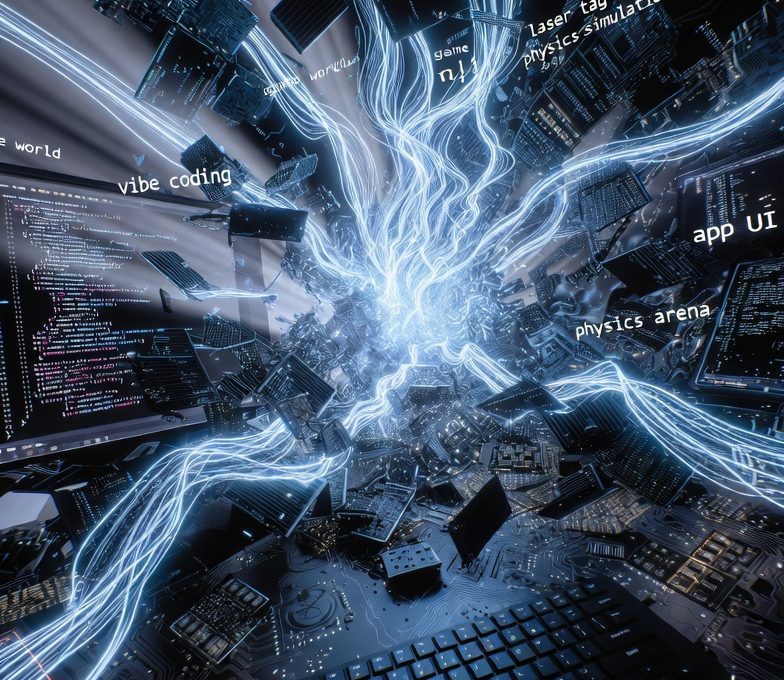 Glowing data streams erupting from a keyboard into floating circuit boards and code screens