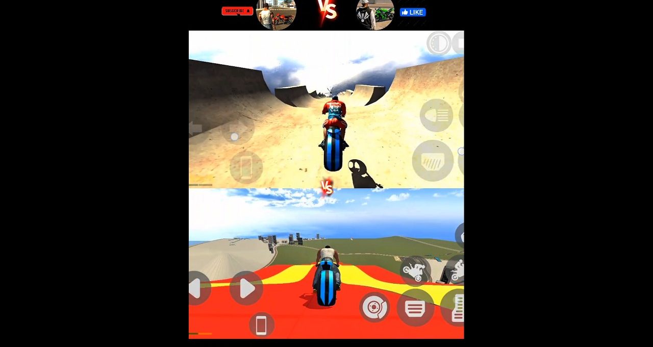 Split-screen stunt motorcycle game showing two riders on colorful ramp tracks.