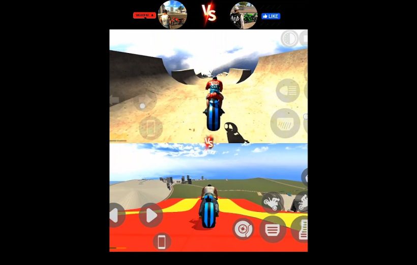 Split-screen stunt motorcycle game showing two riders on colorful ramp tracks.