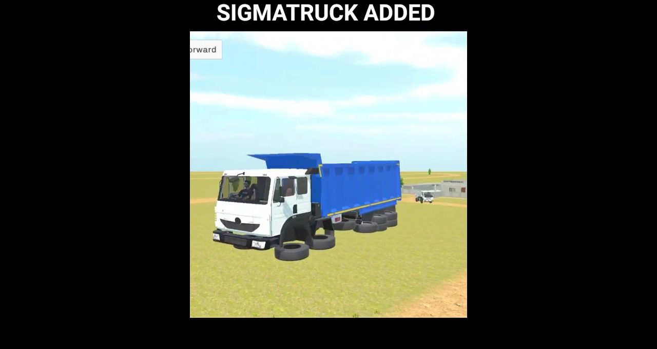 White and blue dump truck stuck on tires in an open grassy field.