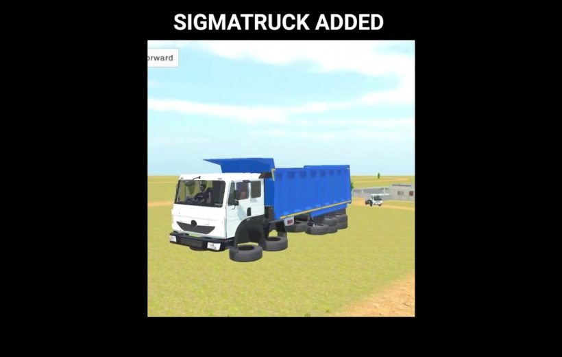 White and blue dump truck stuck on tires in an open grassy field.