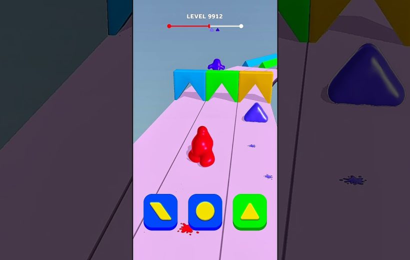 Colorful mobile game level showing a red blob character navigating triangular obstacles.