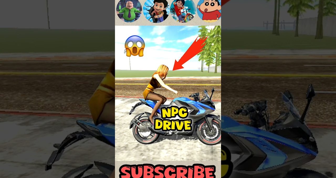 Woman NPC riding a blue sport motorcycle on a roadside with "NPC Drive" text