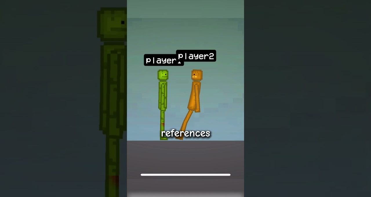 Two pixelated stick figures labeled "player" and "player2" standing over "references" text