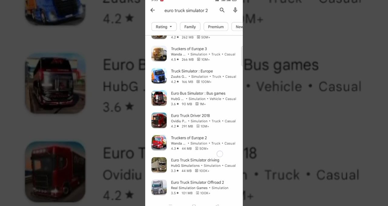 Mobile app store search results listing multiple Euro Truck Simulator and truck game apps.