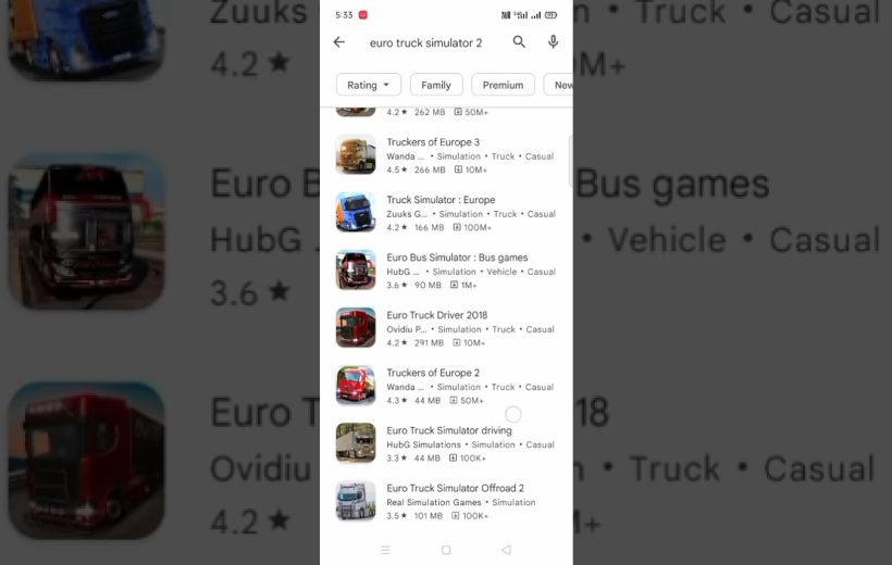 Mobile app store search results listing multiple Euro Truck Simulator and truck game apps.