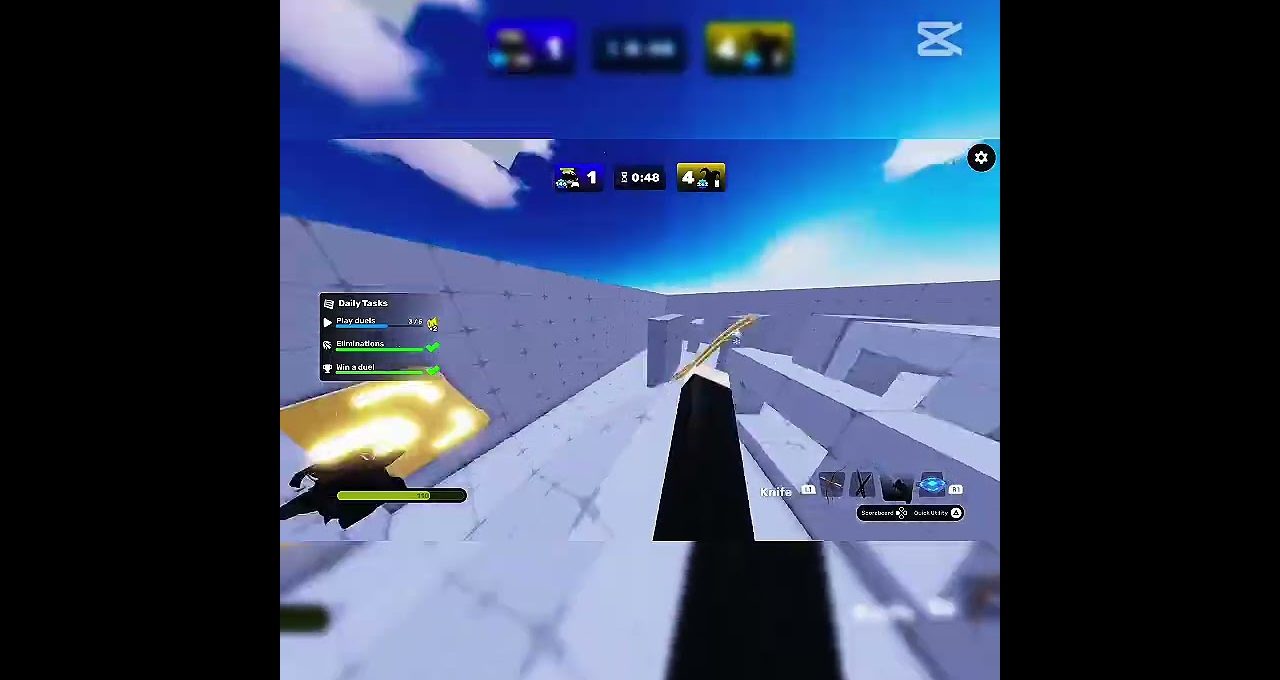 First-person view of a player navigating a bright blue skybox arena with HUD