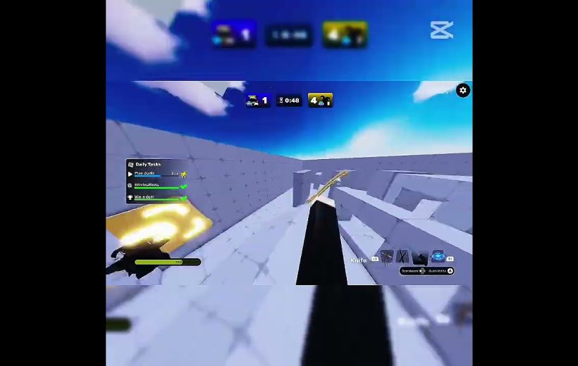 First-person view of a player navigating a bright blue skybox arena with HUD