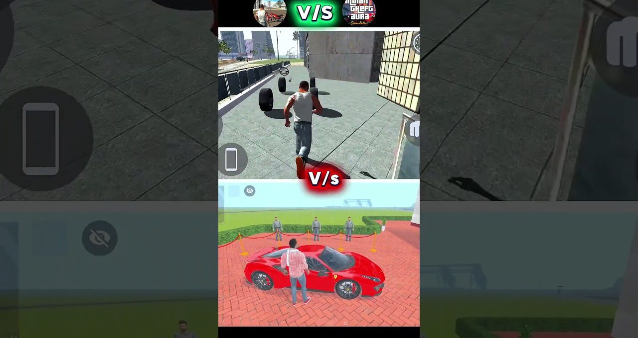 Split-screen game scene showing a character running above and approaching a red sports car below.