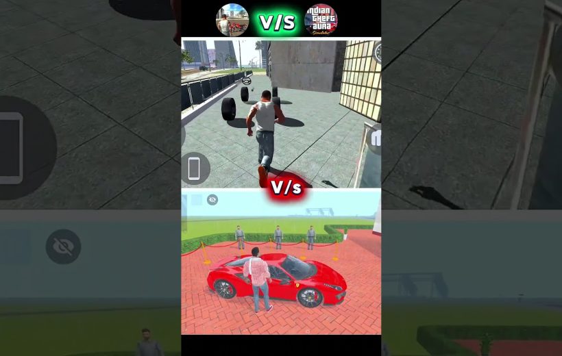 Split-screen game scene showing a character running above and approaching a red sports car below.