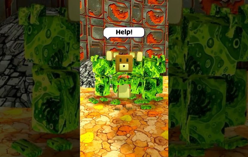 Blocky toy bear trapped in green goo inside a rusty, cracked industrial room
