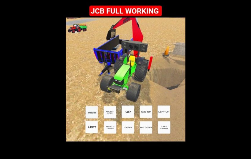 Green tractor with red excavator arm loading a blue trailer at a construction pit