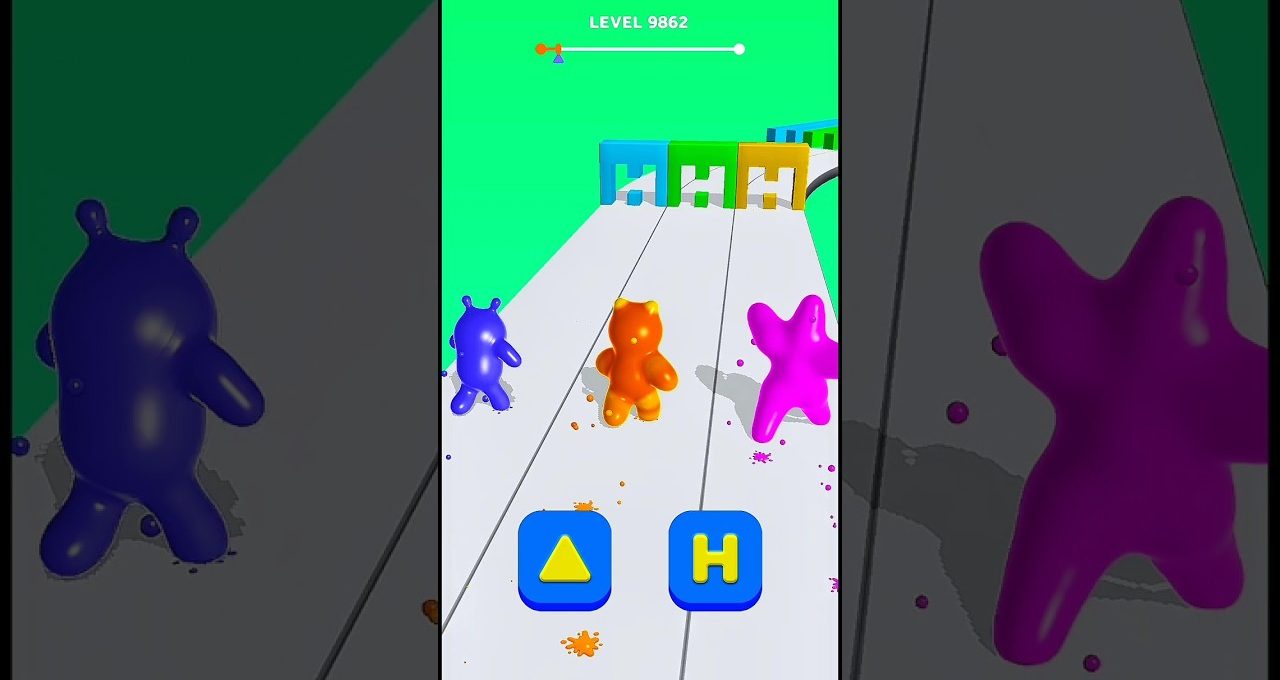 Three colorful gummy characters running toward colored gates on a game track.
