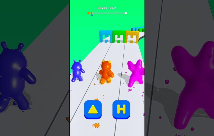 Three colorful gummy characters running toward colored gates on a game track.