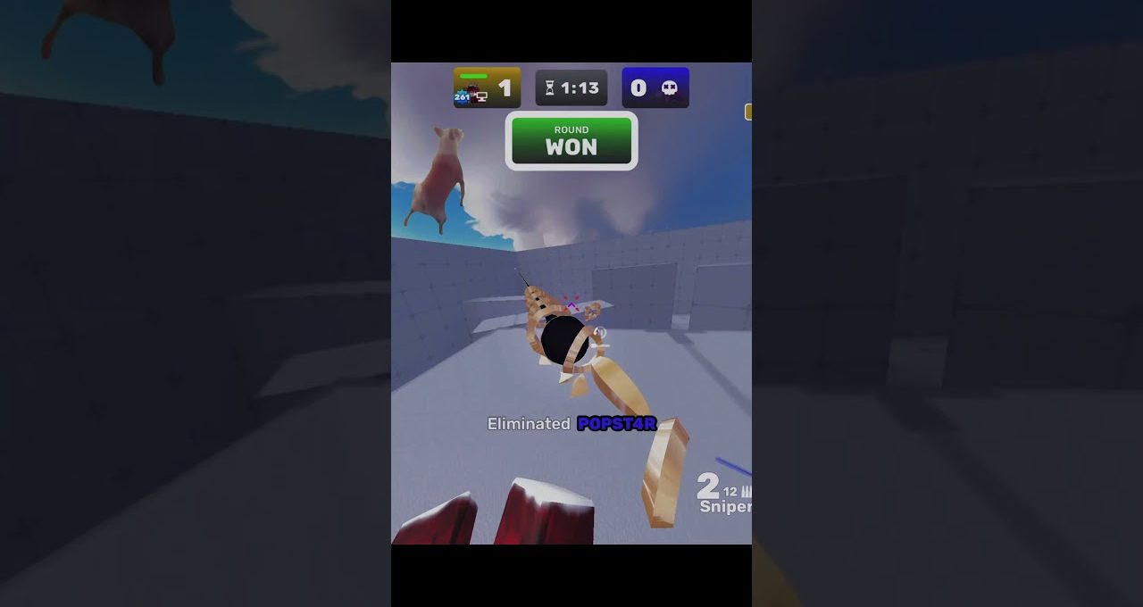 First-person shooter game screen showing a player eliminating an opponent and round won banner