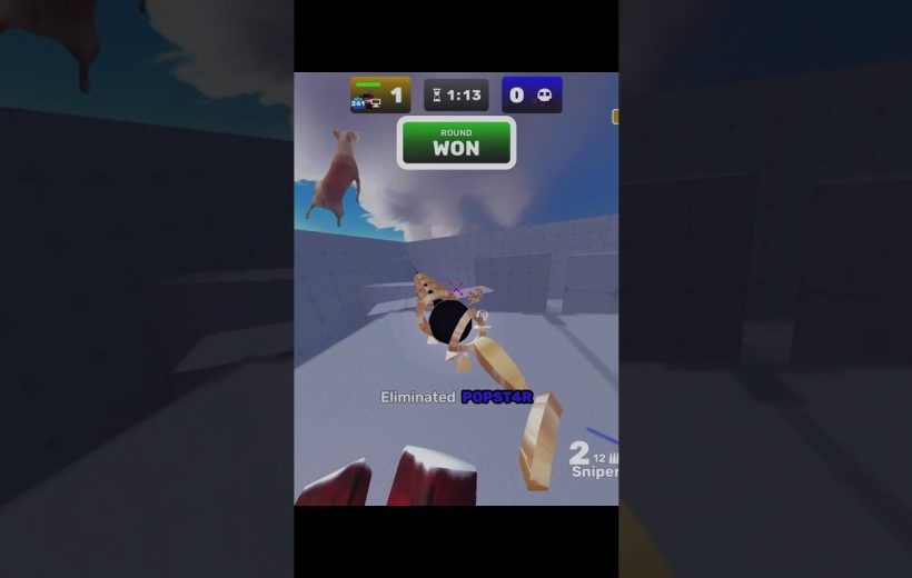 First-person shooter game screen showing a player eliminating an opponent and round won banner