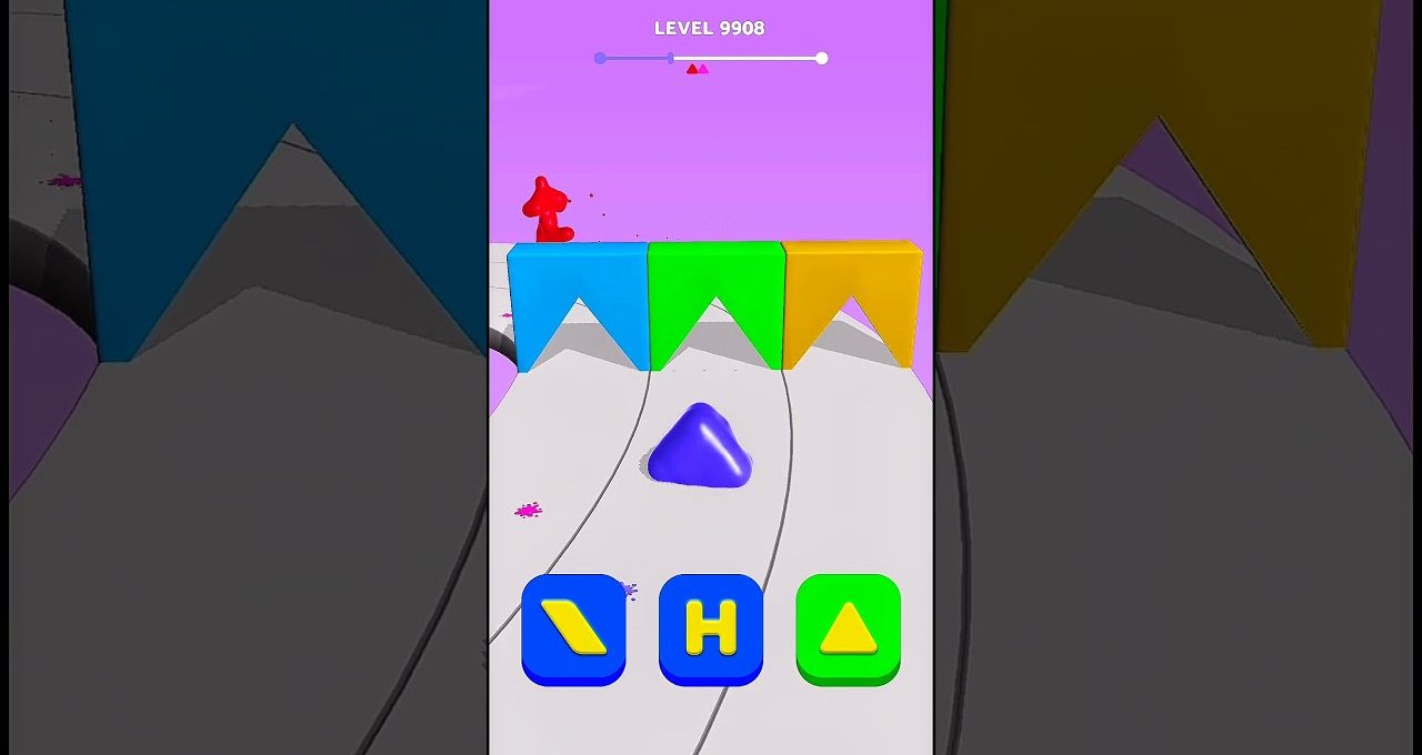 Mobile game level showing a blue blob navigating colorful triangular obstacles and controls