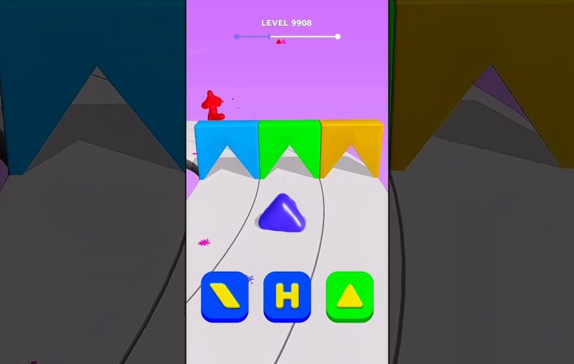 Mobile game level showing a blue blob navigating colorful triangular obstacles and controls