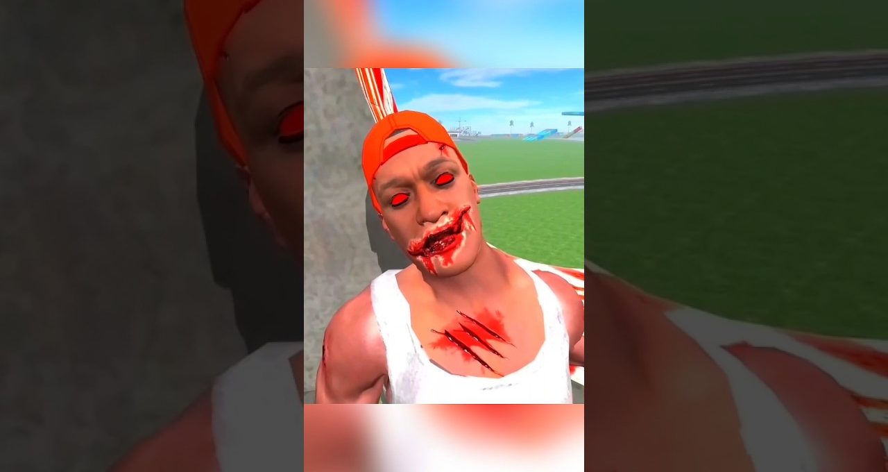 Man with glowing red eyes, bloodied mouth and chest wounds wearing a red cap and tank top