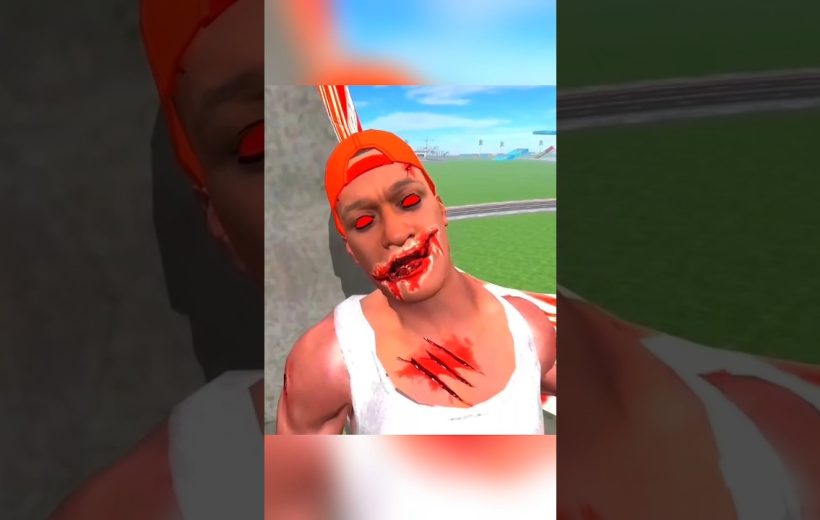 Man with glowing red eyes, bloodied mouth and chest wounds wearing a red cap and tank top