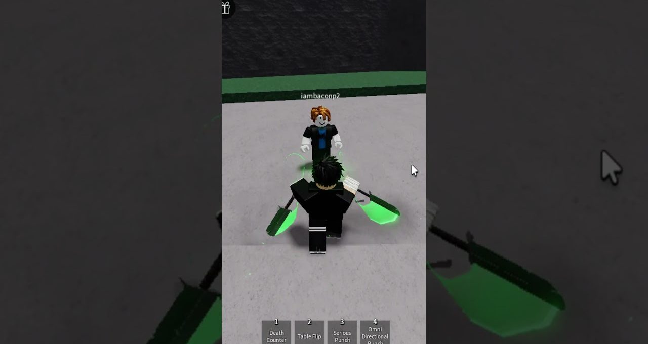 Two Roblox avatars face each other on a gray platform, one wielding glowing green blades