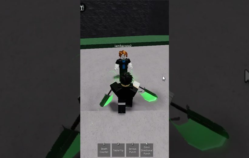 Two Roblox avatars face each other on a gray platform, one wielding glowing green blades