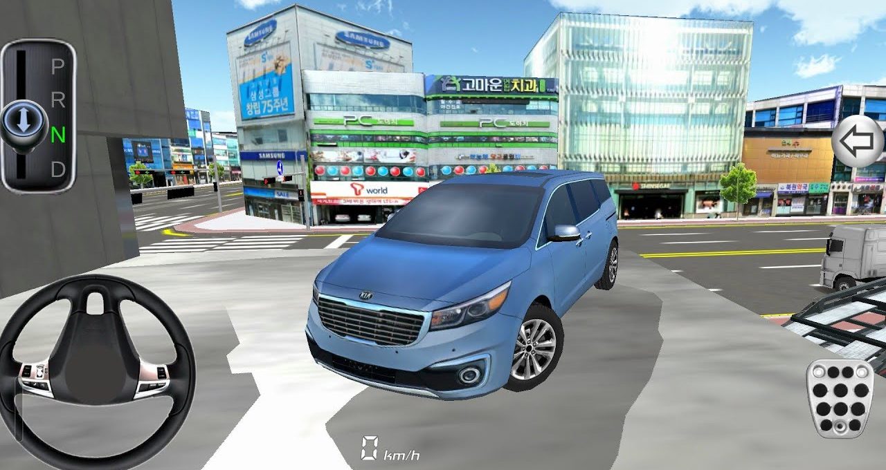Blue minivan parked on a city street with buildings and driving controls visible