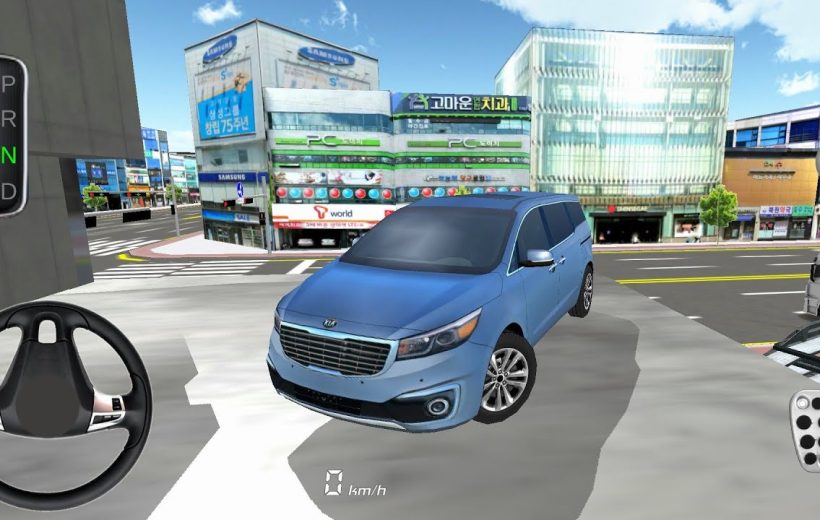 Blue minivan parked on a city street with buildings and driving controls visible