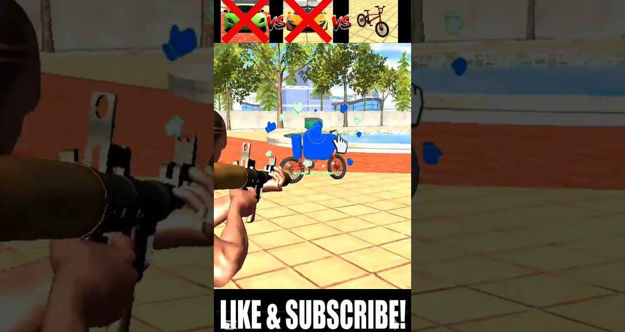 Player aiming a rocket launcher at a bicycle in a sunny courtyard, gaming UI visible